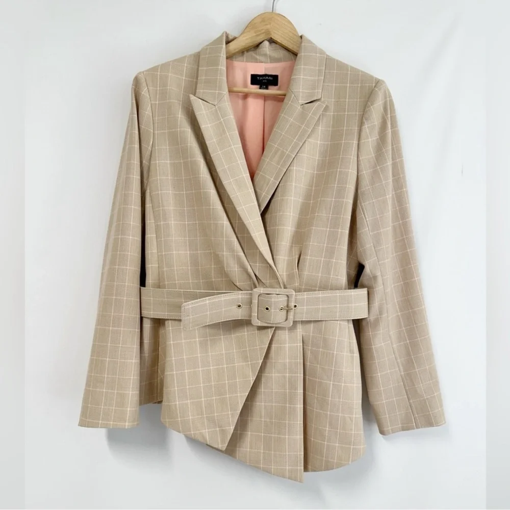 Tahari ASL Plaid Belted Asymmetric Hem Blazer sand/salmon size 14